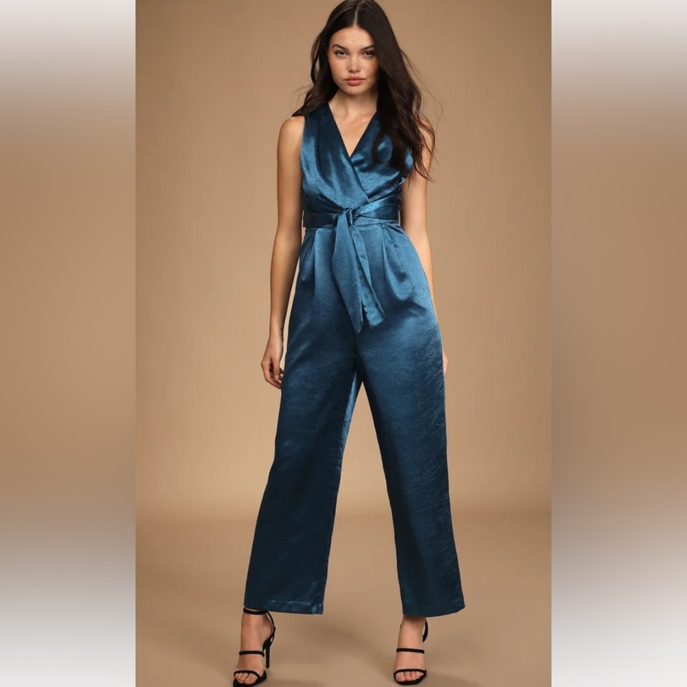 NWT Lulu's Teal Satin Jumpsuit